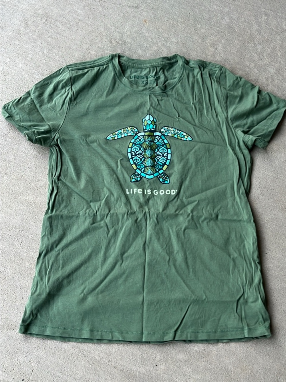 Life Is Good Olive Green Turtle Tee with Teal Graphic